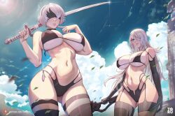 Rule 34 | 2b (nier:automata), 2girls, a2 (nier:automata), alternate breast size, arttoru, bikini, black blindfold, black gloves, blindfold, blue eyes, blue sky, breasts, elbow gloves, facing viewer, finger to own chin, gloves, gluteal fold, hair over one eye, holding, holding sword, holding weapon, katana, large breasts, leaf, long hair, mole, mole under mouth, multiple girls, navel, nier:automata, nier (series), nipples, short hair, sky, standing, sun, swimsuit, sword, thighhighs, weapon, white hair