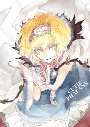 Rule 34 | 1girl, alice margatroid, ascot, blonde hair, blue dress, blue eyes, cape, capelet, colored eyelashes, dress, english text, frilled dress, frilled hairband, frills, fujinohara akihira, gloves, hair between eyes, hairband, looking at viewer, red ascot, red hairband, short hair, solo, touhou, white cape, white gloves