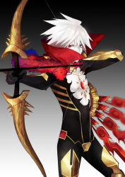 Rule 34 | 10s, 1boy, armor, arrow (projectile), bad id, bishounen, blue eyes, bodysuit, bow (weapon), cape, colored skin, drawing bow, fate/extra, fate/extra ccc, fate (series), fur trim, heterochromia, holding, holding bow (weapon), holding weapon, karna (fate), male focus, red eyes, sindri, solo, weapon, white hair, white skin
