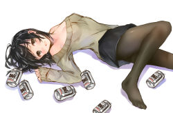 Rule 34 | 1girl, :d, bare shoulders, black hair, black pantyhose, black skirt, blush, breasts, can, cleavage, collarbone, drink can, drunk, hanekoto, head tilt, knee up, long sleeves, looking at viewer, lying, nose blush, off-shoulder, off-shoulder sweater, off shoulder, on back, open mouth, pantyhose, short hair, simple background, skirt, sleeves past wrists, smile, soda can, solo, sweater, white background