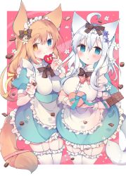 Rule 34 | 2girls, ahoge, animal ears, apron, blue eyes, blush, bow, breasts, brown hair, candy, cat ears, cat tail, chocolate, chocolate heart, food, frilled apron, frilled legwear, frills, garter straps, hair bow, heart, heterochromia, highres, large breasts, long hair, looking at viewer, maid, maid headdress, medium breasts, multiple girls, original, puffy short sleeves, puffy sleeves, satsuki mayuri, short sleeves, tail, thighhighs, waist apron, white hair, white legwear