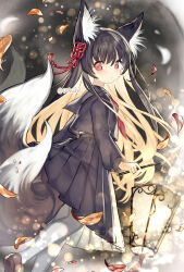 Rule 34 | 1girl, animal ear fluff, animal ears, black hair, black skirt, closed mouth, commentary request, commission, fox ears, fox girl, fox tail, fuepo, long hair, long sleeves, looking at viewer, original, pleated skirt, red eyes, school uniform, skeb commission, skirt, solo, tail, twitter username, very long hair