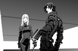 Rule 34 | 1boy, 1girl, arched back, armor, baton, baton (weapon), black hair, blame!, bodysuit, cibo, cyberpunk, expandable baton, from behind, graviton beam emitter, greyscale, gun, highres, killy, long hair, looking at viewer, looking back, monochrome, perspective, scar, science fiction, short hair, thigh gap, velzhe, weapon, white hair