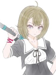 Rule 34 | 1girl, absurdres, ahoge, assault lily, black ribbon, brown hair, closed mouth, commentary request, cropped jacket, green eyes, hand on own hip, hand up, highres, holding, holding weapon, light blush, light smile, looking at viewer, mole, mole under eye, multicolored eyes, neck ribbon, pickles (picpicpickles), pink ribbon, puffy short sleeves, puffy sleeves, purple eyes, ribbon, school uniform, seike tomoyo, shirt, short sleeves, simple background, solo, standing, underbust, upper body, v-shaped eyebrows, weapon, weapon behind back, white background, white shirt, wrist ribbon, yurigaoka girls academy school uniform