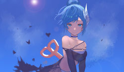 Rule 34 | 1girl, absurdres, bare shoulders, blue background, blue eyes, blue hair, breasts, cleavage, closed mouth, collarbone, day, elbow gloves, gloves, hair ornament, highres, large breasts, league of legends, medium breasts, orianna (league of legends), short hair, smile, solo, star guardian orianna, sun, susie (mjzu5828), torn clothes, translation request, upper body