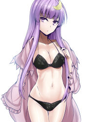 Rule 34 | 1girl, :/, bikini, black bikini, blunt bangs, breasts, cleavage, closed mouth, collarbone, commentary request, cowboy shot, crescent, crescent hair ornament, groin, hair ornament, halterneck, highres, large breasts, long hair, long sleeves, looking at viewer, navel, no headwear, pajamas, patchouli knowledge, purple eyes, purple hair, sidelocks, solo, stomach, swimsuit, thigh gap, touhou, undressing, white background, wide sleeves, y2