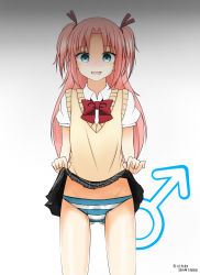 Rule 34 | 10s, 1boy, 2014, amagawa daiso, arikawa hime, blue eyes, blush, bulge, clothes lift, dated, gluteal fold, gradient background, himegoto, long hair, looking at viewer, male focus, mars symbol, panties, penis in panties, pink hair, school uniform, simple background, skirt, skirt lift, smile, solo, stain, stained panties, standing, trap, twintails, underwear