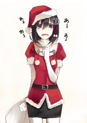 Rule 34 | 10s, 1girl, adapted costume, black hair, blush, christmas tree, elbow gloves, embarrassed, gloves, haguro (kancolle), hair ornament, hat, kantai collection, kauto, open mouth, pantyhose, personification, santa costume, santa hat, short hair, simple background, skirt, solo, tears, white background, white gloves