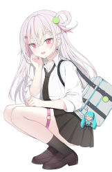 Rule 34 | 1girl, :d, absurdres, bag, bag charm, black necktie, black skirt, black socks, blouse, blush, braid, braided bangs, brown footwear, charm (object), collared shirt, commentary request, full body, hair between eyes, hair ornament, hairclip, hatsune miku, highres, jyt, loafers, long hair, long sleeves, looking at viewer, multicolored hair, necktie, open mouth, original, pink eyes, pink hair, pleated skirt, school bag, school uniform, shirt, shoes, simple background, skirt, smile, socks, solo, squatting, streaked hair, teeth, upper teeth only, very long hair, virtual youtuber, vocaloid, white background, white shirt
