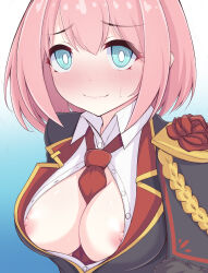 Rule 34 | 1girl, @ @, absurdres, blue eyes, bow, breasts, breasts out, cosplay, eriko (commander) (princess connect!), eriko (princess connect!), highres, kuroha koudai, looking at viewer, princess connect!, short hair, solo, yui (princess connect!)