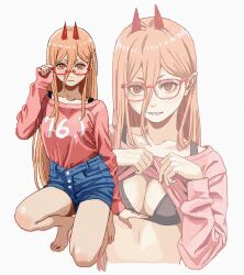 Rule 34 | 1girl, blue shorts, brown eyes, brown hair, chainsaw man, clothes lift, cross-shaped pupils, hair between eyes, highres, horns, lifting own clothes, long hair, parted lips, pink sweater, power (chainsaw man), red-framed eyewear, red horns, semi-rimless eyewear, sharp teeth, shiren (ourboy83), shirt lift, shirt tucked in, shorts, simple background, sleeves past wrists, smile, squatting, sweater, symbol-shaped pupils, teeth, white background, yellow background