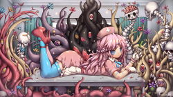 Rule 34 | 1girl, artist name, bianca abercrombie, blue eyes, blue thighhighs, braid, clinic of horrors, closed mouth, commission, emperpep, expressionless, garter straps, hat, high heels, highres, indoors, long hair, looking at viewer, lying, multicolored eyes, nurse cap, on stomach, pink eyes, pink hair, red footwear, signature, solo, thighhighs
