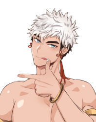 Rule 34 | 1boy, absurdres, armband, bara, bare pectorals, blackkdogg, blue eyes, bracelet, ear piercing, highres, jewelry, licking, looking at viewer, male focus, muscular, muscular male, original, pectoral cleavage, pectorals, piercing, topless male, white hair