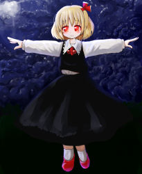 Rule 34 | 1girl, absurdres, blonde hair, dress shirt, full body, hair ribbon, highres, kabi killer, outstretched arms, red eyes, ribbon, rumia, shirt, short hair, skirt, smile, spread arms, touhou, vest