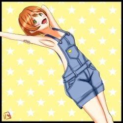 Rule 34 | 1girl, animal print, bare legs, bare shoulders, blue pants, breasts, cat print, cleavage, collarbone, cowboy shot, female focus, hair between eyes, highres, hoshizora rin, looking at viewer, love live!, love live! school idol project, naked overalls, no bra, orange hair, overalls, pants, short hair, signature, sleeveless, small breasts, solo, standing, star (symbol), yellow background, zero mozzarella