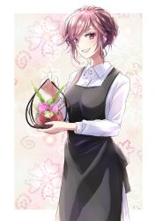 Rule 34 | 1girl, apron, black apron, bouquet, braid, breasts, collared shirt, deaimon, feet out of frame, floral background, flower, hand up, holding, looking at viewer, matsukaze kanoko, medium breasts, nabana yuna, parted bangs, pink eyes, pink hair, shadow, shirt, short hair, smile, solo, standing, swept bangs, teeth, white shirt