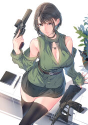 Rule 34 | 1girl, bare shoulders, belt, belt buckle, black choker, black hair, black thighhighs, book, break-action revolver, breasts, brown belt, buckle, cardigan, choker, cleavage, cleavage cutout, closed mouth, clothing cutout, collarbone, commentary, daito, ear piercing, earrings, english commentary, fingernails, folding stock, green cardigan, gun, hair ornament, hairclip, handgun, highres, holding, holding gun, holding weapon, jewelry, large breasts, long fingernails, long sleeves, looking at viewer, machine pistol, mixed-language commentary, mp-412 rex, nail polish, necklace, notebook, optical sight, original, pen, personal defense weapon, piercing, plant, potted plant, pp-2000, red nails, revolver, russian text, short hair, sitting, submachine gun, thighhighs, weapon, weapon name, weapon request