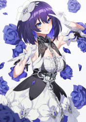 Rule 34 | 1girl, absurdres, armpits, bare shoulders, blue eyes, blue flower, blue hair, blue rose, breasts, chain, cleavage, closed mouth, dress, flower, gloves, hair flower, hair ornament, henz, highres, honkai (series), honkai impact 3rd, large breasts, looking at viewer, rose, seele vollerei, seele vollerei (stygian nymph), simple background, smile, solo, v, white background, white dress, white flower, white gloves