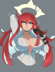 Rule 34 | 1girl, absurdres, ahoge, arm behind head, bodysuit, breasts, cleavage, collarbone, spiked halo, female focus, gloves, green eyes, guilty gear, guilty gear strive, hair between eyes, halo, hexprinxess, highres, jack-o&#039; valentine, large breasts, long hair, looking at viewer, multicolored hair, neck, red hair, shirt, sidelocks, signature, simple background, skin tight, smile, solo, two-tone gloves, two-tone hair, upper body, white bodysuit, white hair, white shirt