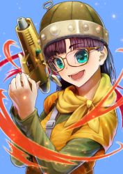 Rule 34 | 1girl, blue eyes, breasts, burikarun, chrono trigger, glasses, gun, helmet, looking at viewer, lucca ashtear, magic, open mouth, purple hair, scarf, short hair, simple background, smile, solo, weapon