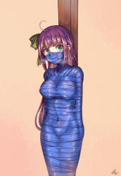Rule 34 | 1girl, ahoge, bdsm, blush, bondage, bound, bow, breasts, chinese commentary, commentary request, covered navel, cowboy shot, green bow, green eyes, hair bow, highres, large breasts, long hair, looking at viewer, lzc, mummification (bound), original, purple hair, solo, standing, very long hair