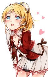 Rule 34 | 10s, 1girl, :o, ayase eli, bad id, bad pixiv id, bent over, blonde hair, blue eyes, blush, buttons, collar, dress, hair ornament, heart, kuromiwa-38, long hair, long sleeves, looking at viewer, love live!, love live! school idol festival, love live! school idol project, open mouth, ponytail, red dress, solo, upper body, white background