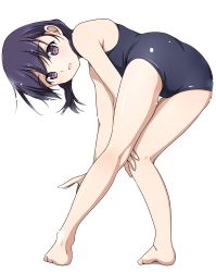 Rule 34 | 1girl, armpit peek, bare arms, bare legs, bare shoulders, barefoot, bent over, feet, from behind, full body, knees together feet apart, legs, looking at viewer, looking back, low twintails, matsunaga kouyou, one-piece swimsuit, open mouth, original, purple eyes, purple hair, school swimsuit, short hair, short twintails, simple background, smile, solo, standing, swimsuit, toes, twintails, white background