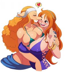 Rule 34 | 2girls, alternate costume, blush, breasts, breasts squeezed together, brown eyes, embarrassed, eric lowery, furry, happy, headband, heart, highres, hug, jewelry, licking, long hair, multiple girls, nami (one piece), nami (one piece) (zou), official alternate costume, one piece, orange hair, sexually suggestive, swimsuit, tattoo, wanda (one piece), wide hips