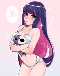 Rule 34 | 10s, 1girl, blunt bangs, blush, bra, breasts, cleavage, colored inner hair, crossed arms, drawn halo, eyelashes, halo, heart, highres, large breasts, legs together, lips, long hair, looking at viewer, multicolored hair, navel, panties, panty &amp; stocking with garterbelt, pink hair, puckered lips, purple hair, rasbii (rasberruu), solo, spoken heart, stocking (psg), striped bra, striped clothes, striped panties, stuffed animal, stuffed cat, stuffed toy, two-tone hair, underwear, underwear only