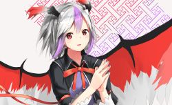 Rule 34 | 1girl, :d, ahoge, eyebrows, fingernails, fingers together, hair between eyes, hands up, head wings, highres, horns, isaka wasabi, looking at viewer, multicolored hair, multicolored wings, nail polish, open mouth, purple hair, purple nails, red eyes, red ribbon, red wings, ribbon, silver hair, silver wings, smile, solo, tokiko (touhou), touhou, two-tone hair, upper body, wings