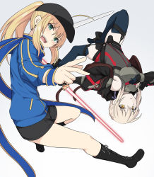 Rule 34 | 2girls, ahoge, artoria pendragon (all), artoria pendragon (fate), baseball cap, black shorts, blonde hair, blue jacket, blue scarf, braid, commentary request, fate/grand order, fate (series), green eyes, hair between eyes, hair ribbon, hat, holding, jacket, long hair, long sleeves, looking at viewer, multiple girls, mysterious heroine x (fate), mysterious heroine x alter (fate), mysterious heroine x alter (third ascension) (fate), ponytail, ribbon, saber alter, scarf, shiseki hirame, short hair, shorts, simple background, sword, track jacket, upside-down, weapon, white background, yellow eyes
