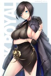 Rule 34 | 1girl, ark royal (azur lane), ark royal (guardian of the ball) (azur lane), azur lane, bare shoulders, black coat, black dress, black gloves, black hair, blue background, blue eyes, blush, border, bracelet, breasts, camera, character name, closed mouth, coat, dress, gloves, hair over one eye, half gloves, halterneck, jewelry, large breasts, looking at viewer, open clothes, open coat, rei kun, short hair, sideboob, simple background, smile, solo, thighs, white border