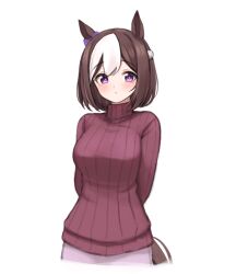 Rule 34 | 1girl, alternate costume, animal ears, arms behind back, breasts, brown hair, casual, highres, horse ears, horse girl, horse tail, katuko deluxe, looking at viewer, medium breasts, multicolored hair, purple eyes, purple sweater, ribbed sweater, short hair, simple background, solo, special week (umamusume), sweater, tail, two-tone hair, umamusume, white background, white hair