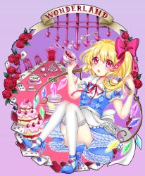 Rule 34 | 1girl, absurdres, alice (alice in wonderland), alice (alice in wonderland) (cosplay), alice in wonderland, alternate costume, apron, blonde hair, blue dress, blush, cake, card, chair, convenient leg, cosplay, crystal, cup, dress, english text, fang, flandre scarlet, flower, food, full body, hair ribbon, highres, looking at viewer, open mouth, pastel (iero-guri-nn), puffy sleeves, purple background, red eyes, ribbon, rose, short sleeves, side ponytail, solo, spoon, table, teacup, text focus, thighhighs, tiered tray, touhou, waist apron, white thighhighs, wings