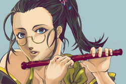 Rule 34 | black hair, blue eyes, flute, gensou suikoden, gensou suikoden v, glasses, instrument, kutani yukihito, lowres, ponytail, rania (suikoden), solo
