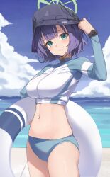 Rule 34 | 1girl, bikini, bikini bottom only, blue archive, blush, breasts, bucket hat, cropped jacket, green halo, halo, hat, highres, jacket, large breasts, long sleeves, looking at viewer, multicolored clothes, multicolored jacket, navel, official alternate costume, purple hair, rash guard, reulem, saki (blue archive), saki (swimsuit) (blue archive), short hair, solo, stomach, swimsuit, two-tone jacket, watch, wristwatch