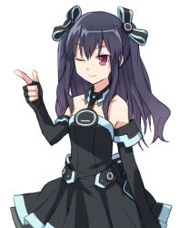 Rule 34 | 1girl, bare shoulders, black hair, chikuwa (majihima), gloves, hair ornament, looking at viewer, neptune (series), one eye closed, red eyes, ribbon, solo, two side up, uni (neptunia)
