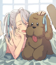 Rule 34 | 1boy, ^ ^, aged down, alternate hairstyle, closed eyes, dog, closed eyes, hair ribbon, head rest, long hair, lying, makkachin, male focus, momo (22081240), on stomach, open mouth, ribbon, silver hair, smile, tongue, tongue out, topless male, twintails, under covers, viktor nikiforov, yuri!!! on ice