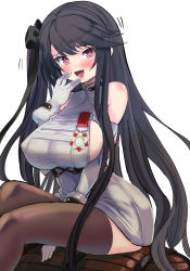 Rule 34 | 1girl, absurdres, azur lane, barrel, black hair, black ribbon, black thighhighs, blush, breasts, detached sleeves, dress, fang, gloves, hair ribbon, hand to own mouth, hey taisyou, highres, large breasts, long hair, looking at viewer, medal, one side up, open mouth, pamiat merkuria (azur lane), pink eyes, ribbon, sideboob, simple background, sitting, skin fang, solo, thighhighs, very long hair, white background, white dress, white gloves