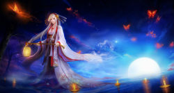 Rule 34 | 1girl, bug, butterfly, candle, chinese clothes, cloud, d-zhai, elf, fire, full moon, hanfu, highres, insect, lantern, lantern on liquid, long hair, moon, original, paper lantern, pointy ears, ripples, sky, solo, star (sky), starry sky, tree, water, white hair