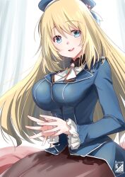 Rule 34 | 1girl, atago (kancolle), beret, black gloves, black pantyhose, blonde hair, blue hat, breasts, commentary request, gloves, hat, highres, kantai collection, kimura shiki, large breasts, long hair, looking at viewer, military, military uniform, neck ribbon, one-hour drawing challenge, pantyhose, ribbon, seiza, sitting, solo, uniform, white ribbon