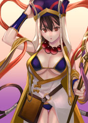 Rule 34 | 1girl, bare shoulders, bead necklace, beads, bikini, breasts, bridal gauntlets, brown hair, cleavage, detached sleeves, earrings, fate/grand order, fate (series), hair between eyes, hat, highres, hoop earrings, japanese clothes, jewelry, kimono, large breasts, long hair, looking at viewer, necklace, open mouth, prayer beads, purple bikini, purple eyes, purple thighhighs, ri-ko, sash, short kimono, solo, staff, swimsuit, thighhighs, thighs, vest, white kimono, xuangzang sanzang (fate), yellow vest