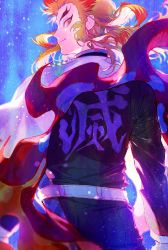 Rule 34 | 1boy, arms at sides, backlighting, belt, blonde hair, blue background, blurry, cape, cape lift, closed mouth, clothes writing, cowboy shot, demon slayer uniform, depth of field, flame print, floating hair, forked eyebrows, from behind, half updo, highres, kimetsu no yaiba, light particles, long hair, long sleeves, looking at viewer, looking back, male focus, multicolored eyes, multicolored hair, noodleseokggi, print cape, profile, red eyes, red hair, rengoku kyoujurou, smile, solo, streaked hair, wind, wind lift, yellow eyes