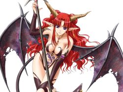 Rule 34 | 1girl, breasts, demon girl, demon wings, earrings, horns, jewelry, kinmedai pink, lance, large breasts, long hair, megami taisen, navel, necklace, pointy ears, polearm, pubic tattoo, purple hair, red hair, solo, source request, spear, demon girl, succubus (megami taisen), tachi-e, tail, tattoo, transparent background, weapon, wings