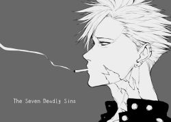 Rule 34 | 10s, 1boy, ban (nanatsu no taizai), cigarette, copyright name, earrings, gamigamimissile, grey background, greyscale, husagin, jacket, jewelry, leather, leather jacket, male focus, monochrome, nanatsu no taizai, scar, short hair, simple background, smoke, solo, spiked hair