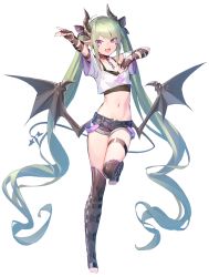 Rule 34 | 1girl, absurdres, arm strap, bare shoulders, bat wings, belt, black thighhighs, blush, breasts, choker, collarbone, commentary request, crop top, deluxe&lt;&lt;&lt;, demon girl, demon tail, fang, fingerless gloves, full body, gloves, green hair, hair ribbon, highres, horns, long hair, looking at viewer, midriff, navel, open mouth, original, pointy ears, purple eyes, ribbon, ryisu (deluxe&lt;&lt;&lt;), shirt, short shorts, shorts, simple background, small breasts, smile, solo, strap, tail, thighhighs, toeless legwear, toes, twintails, very long hair, white background, white shirt, wings