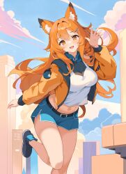 Rule 34 | 1girl, absurdres, animal ears, bare legs, bare shoulders, belt, black footwear, blue shorts, breasts, cityscape, cleavage, crop top, crop top overhang, day, fox ears, fox girl, fox tail, hair ornament, hairclip, hand up, highres, jacket, leg up, long hair, long sleeves, looking at viewer, medium breasts, midriff, mushpz, navel, off shoulder, open clothes, open jacket, open mouth, orange eyes, orange hair, orange jacket, original, outdoors, see-through, see-through cleavage, shirt, shoes, short shorts, shorts, sleeveless, sleeveless shirt, smile, solo, standing, standing on one leg, stomach, tail, thighs, very long hair, white shirt