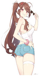 Rule 34 | 1girl, absurdres, ahoge, blue shorts, blush, breasts, brown hair, cloba, from behind, grin, hair ornament, hand on own hip, highres, holding, holding removed eyewear, long hair, medium breasts, original, pink scrunchie, polka dot, polka dot scrunchie, red eyes, scrunchie, shirt, short shorts, shorts, sideboob, sidelocks, signature, simple background, sleeveless, sleeveless shirt, smile, solo, spaghetti strap, standing, strap gap, sunglasses, swept bangs, thigh strap, twintails, unworn eyewear, very long hair, virtual youtuber, white background, white shirt, wrist scrunchie