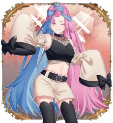 Rule 34 | 1girl, alternate costume, belt, black belt, black shirt, black thighhighs, blue hair, bow-shaped hair, commentary request, creatures (company), detached sleeves, game freak, grin, highres, iono (pokemon), mocacoffee 1001, multicolored hair, navel, nintendo, one eye closed, pokemon, pokemon sv, sharp teeth, shirt, shorts, signature, sleeveless, sleeveless shirt, sleeves past fingers, sleeves past wrists, smile, solo, teeth, thighhighs, two-tone hair