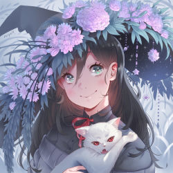 Rule 34 | 1girl, animal, bad id, bad pixiv id, beads, black hair, black headwear, black shirt, brown hair, bug, cat, closed mouth, collared shirt, commentary, fangs, flower, green eyes, grey sweater, hat, hat flower, highres, holding, holding animal, long hair, looking at viewer, miyuli, morgana (miyuli), neck ribbon, off-shoulder sweater, off shoulder, original, pink flower, portrait, red eyes, red ribbon, ribbon, shirt, spider, sweater, witch, witch hat